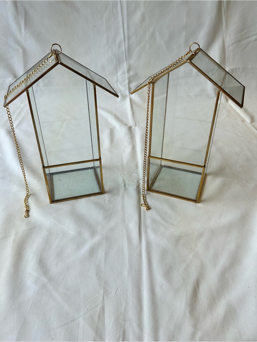 Pair of Glass & Gold Metal Hanging Terrarium Lanterns